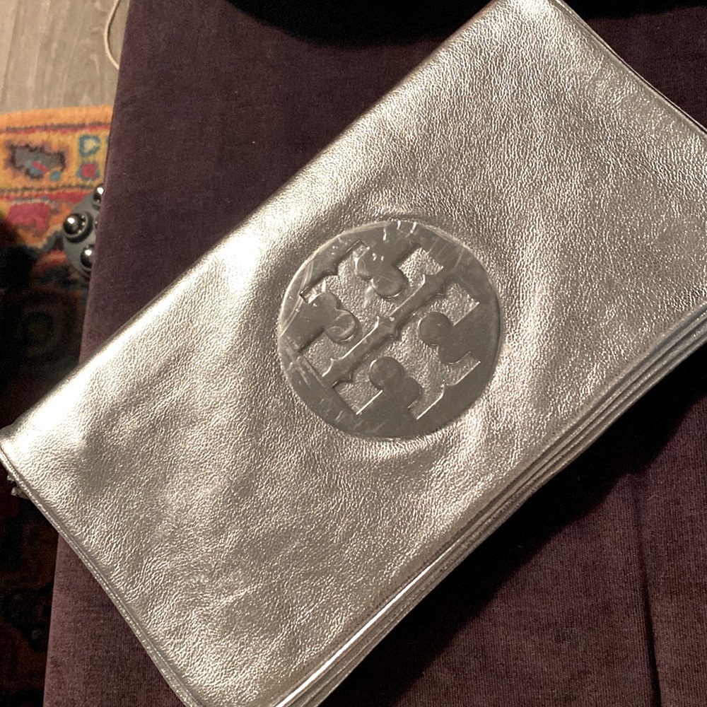 Tory Burch clutch purse - brand new - with tags - metallic silver - retail $350